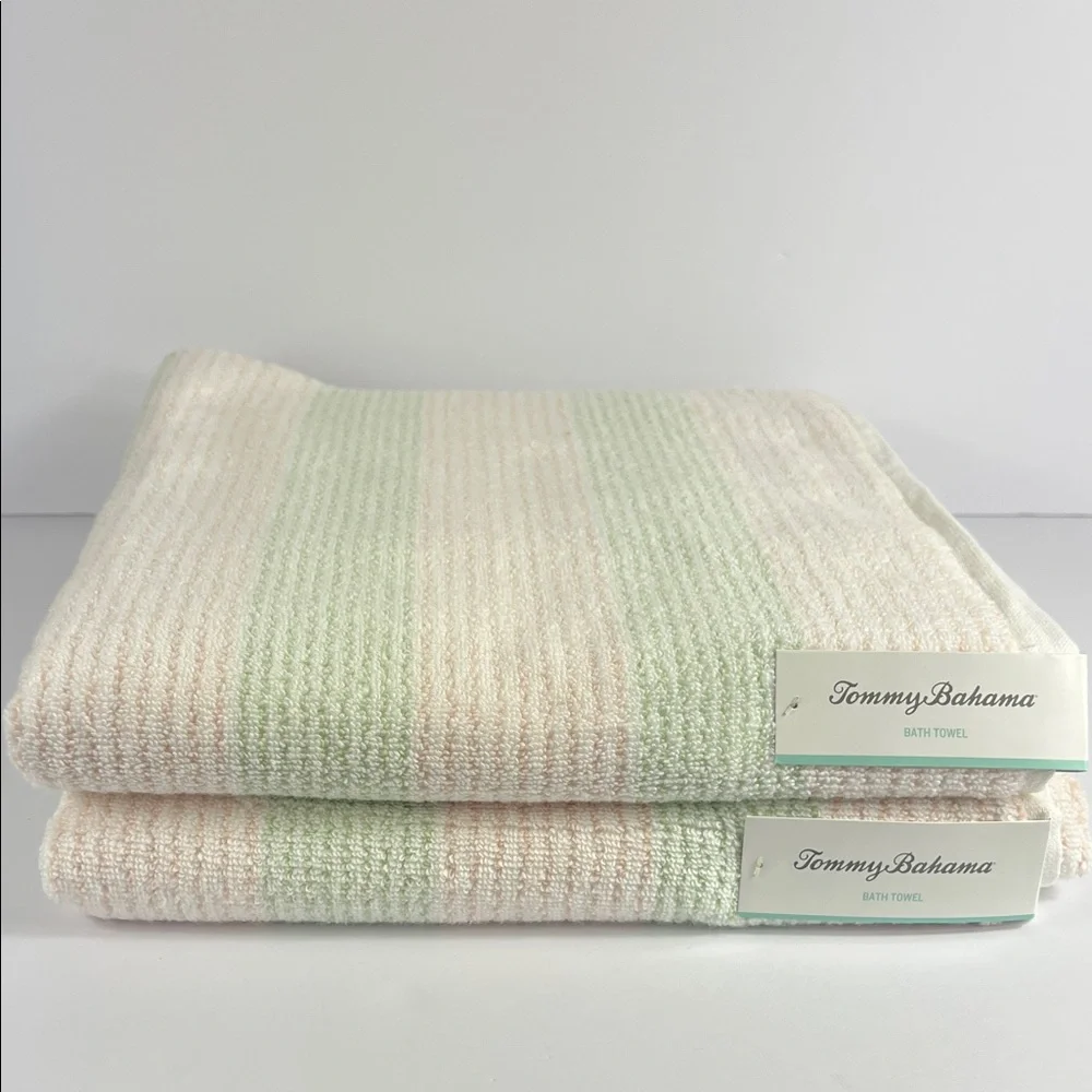 Tommy Bahama Bath Towels Pink Green White Striped Plush Cotton Set of 2 NEW